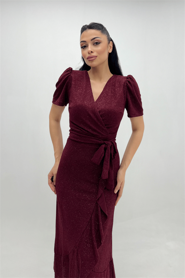 Imported Silvery Fabric Sash Detailed Midi Length Dress - Claret Red