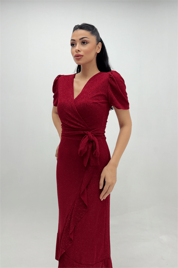Imported Silvery Fabric Sash Detailed Midi Length Dress - Red