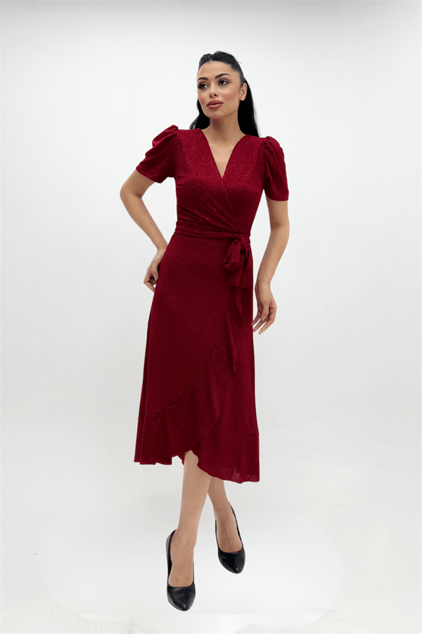 Imported Silvery Fabric Sash Detailed Midi Length Dress - Red