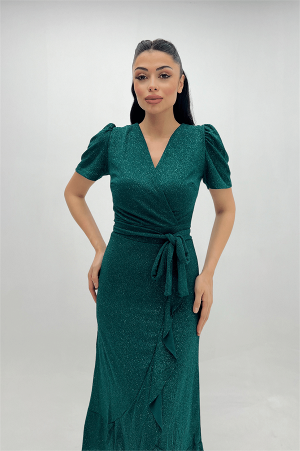 Imported Silvery Fabric Sash Detailed Midi Length Dress - Emerald Green