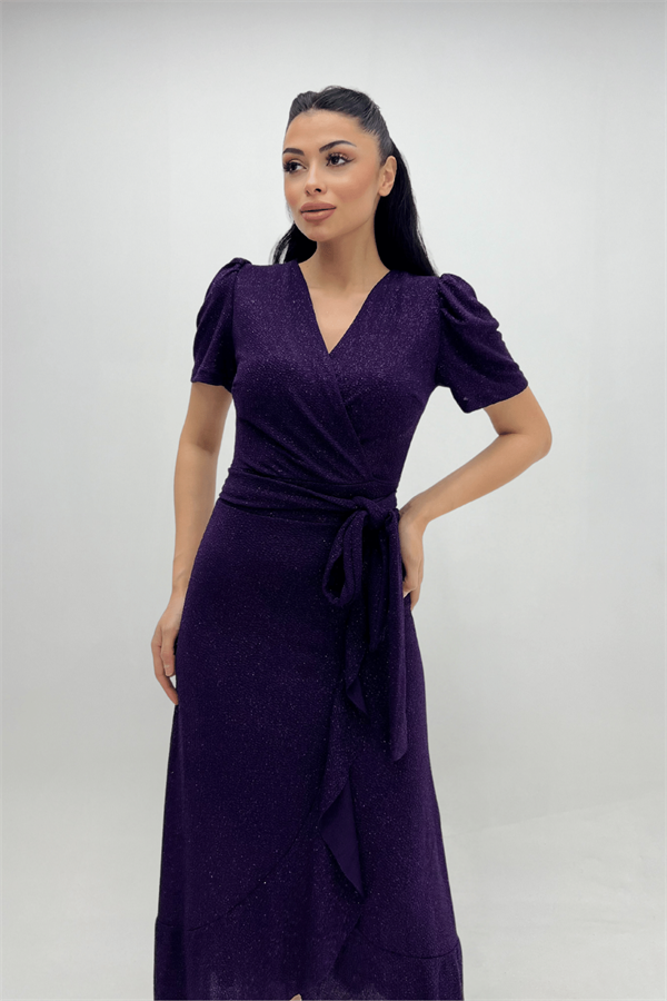 Imported Silvery Fabric Sash Detailed Midi Length Dress - Eggplant Color