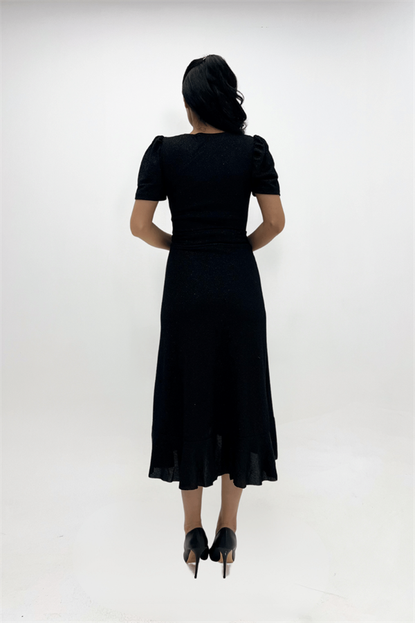 Imported Silvery Fabric Sash Detailed Midi Length Dress - Black