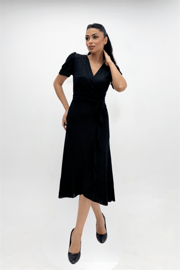 Imported Silvery Fabric Sash Detailed Midi Length Dress - Black