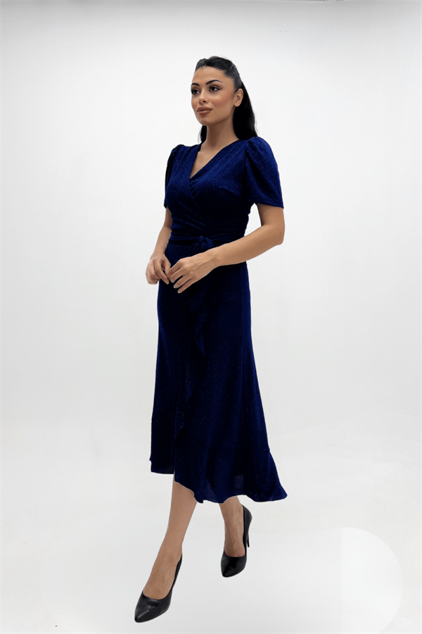 Imported Silvery Fabric Sash Detailed Midi Length Dress - Sax Blue