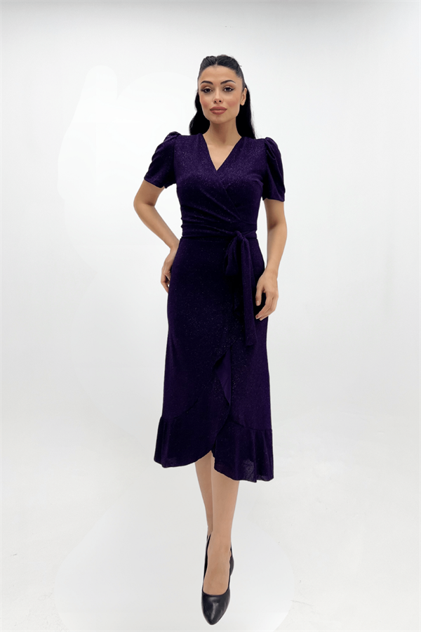 Imported Silvery Fabric Sash Detailed Midi Length Dress - Eggplant Color