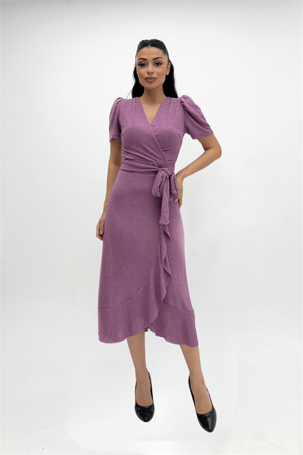 Imported Silvery Fabric Sash Detailed Midi Length Dress - Powder