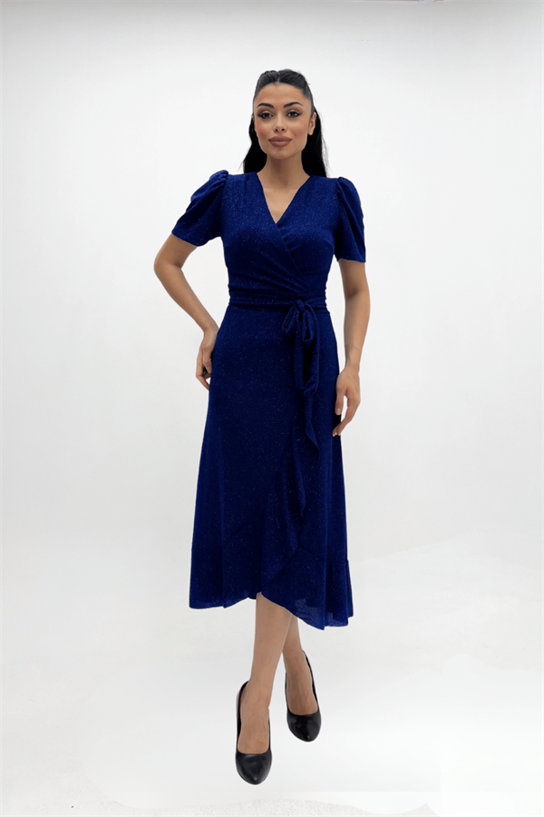 Imported Silvery Fabric Sash Detailed Midi Length Dress - Sax Blue