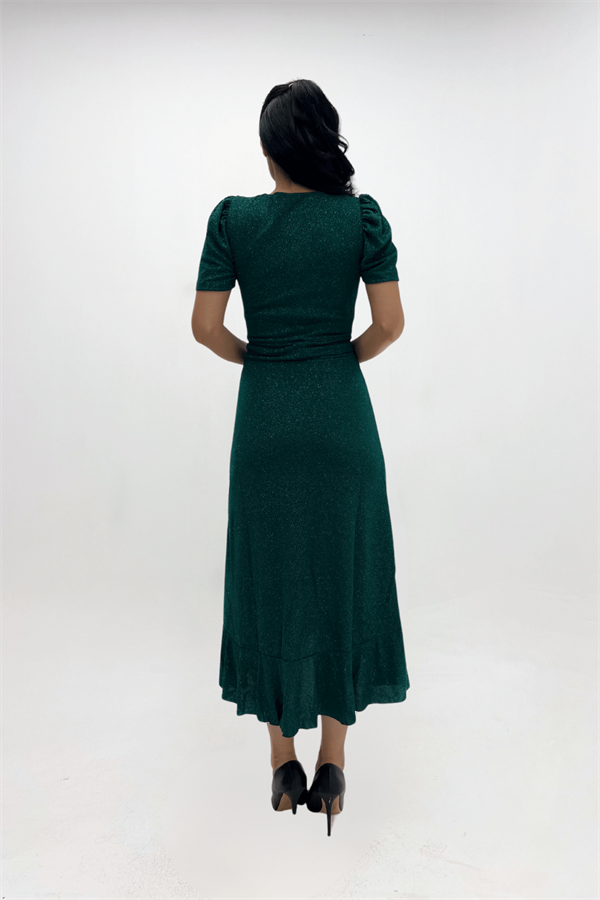 Imported Silvery Fabric Sash Detailed Midi Length Dress - Emerald Green