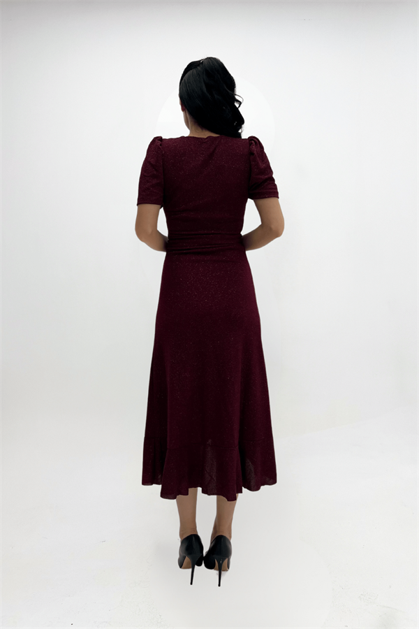 Imported Silvery Fabric Sash Detailed Midi Length Dress - Claret Red