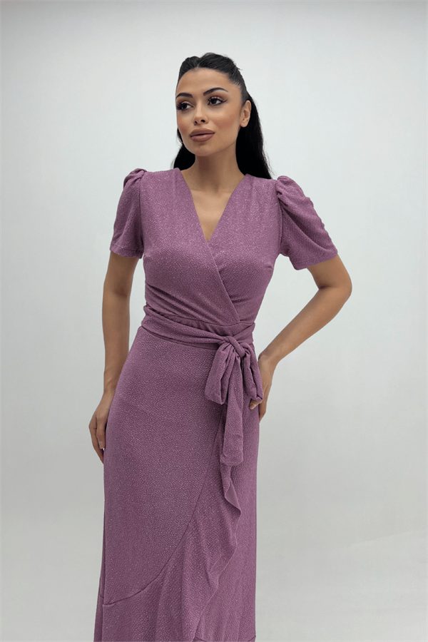 Imported Silvery Fabric Sash Detailed Midi Length Dress - Powder