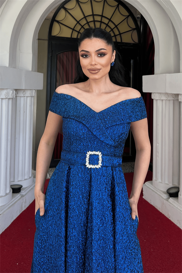 Jakar Kumaş Kayık Kaya Prenses Elbise - SAKS MAVİSİ