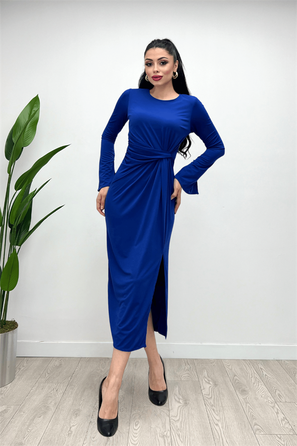 Jarse Kumaş Büzgü Detaylı Elbise - SAKS MAVİ