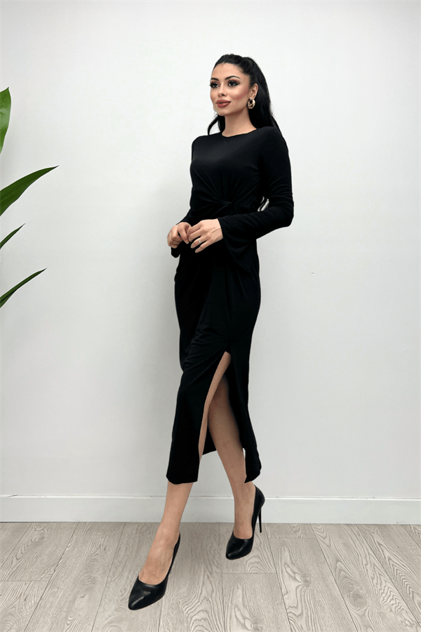 Jarse Kumaş Büzgü Detaylı Elbise - SİYAH