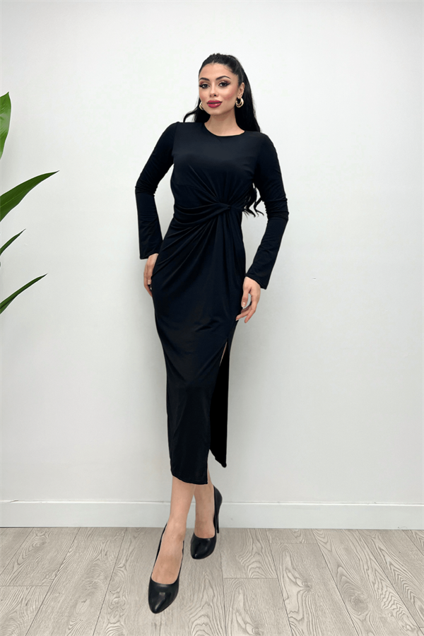 Jarse Kumaş Büzgü Detaylı Elbise - SİYAH