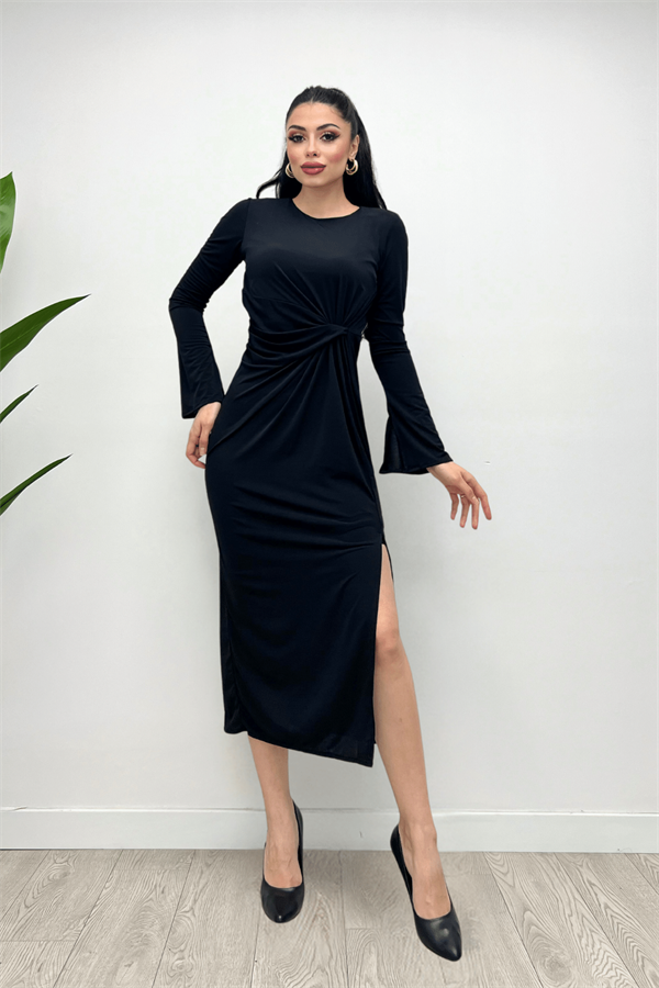 Jarse Kumaş Büzgü Detaylı Elbise - SİYAH