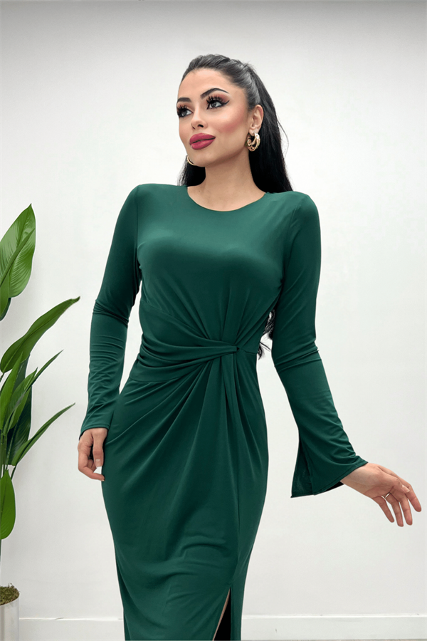Jarse Kumaş Büzgü Detaylı Elbise - ZÜMRÜT YEŞİL
