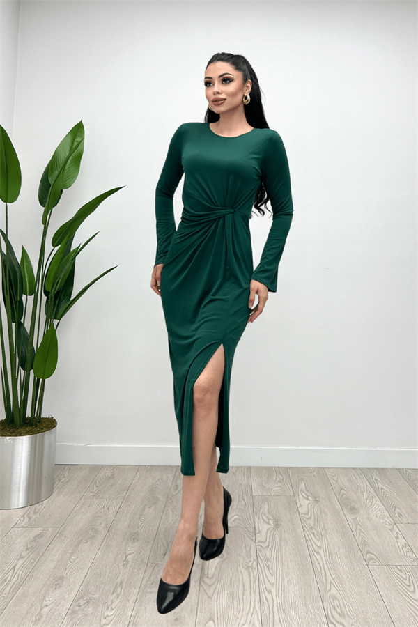 Jarse Kumaş Büzgü Detaylı Elbise - ZÜMRÜT YEŞİL