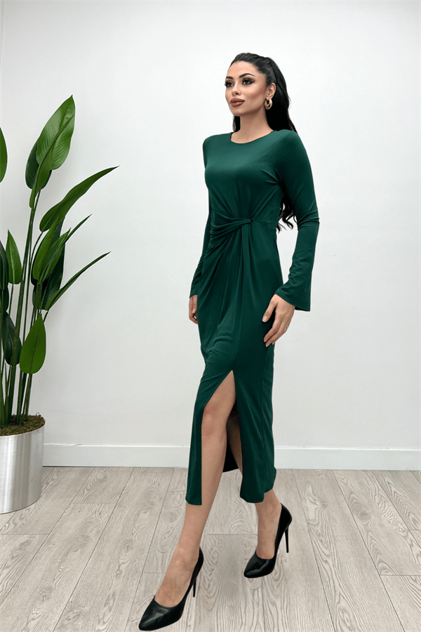 Jarse Kumaş Büzgü Detaylı Elbise - ZÜMRÜT YEŞİL