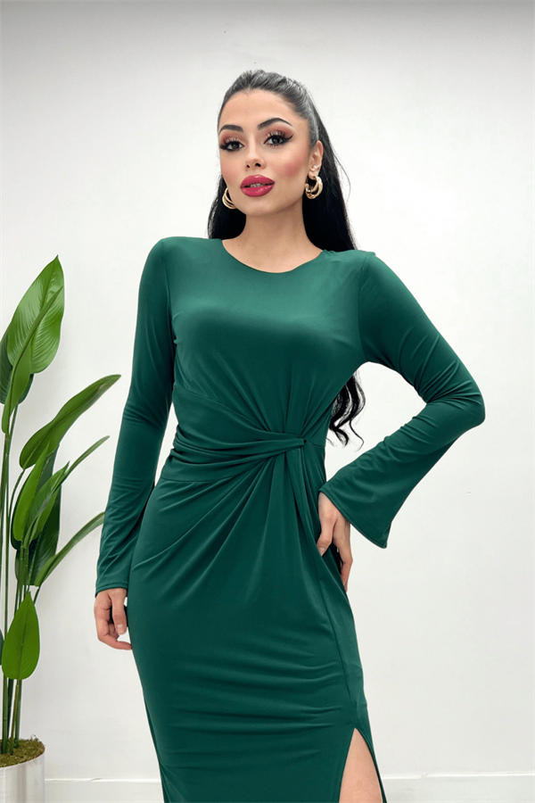 Jarse Kumaş Büzgü Detaylı Elbise - ZÜMRÜT YEŞİL