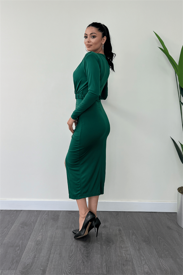 Jarse Kumaş Büzgü Detaylı Kalem Elbise - ZÜMRÜT YEŞİL