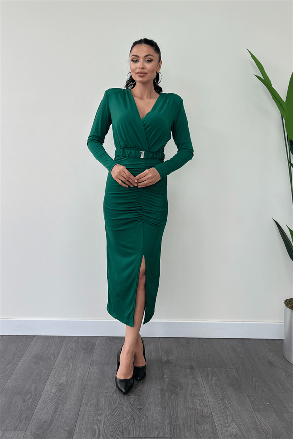 Jarse Kumaş Büzgü Detaylı Kalem Elbise - ZÜMRÜT YEŞİL