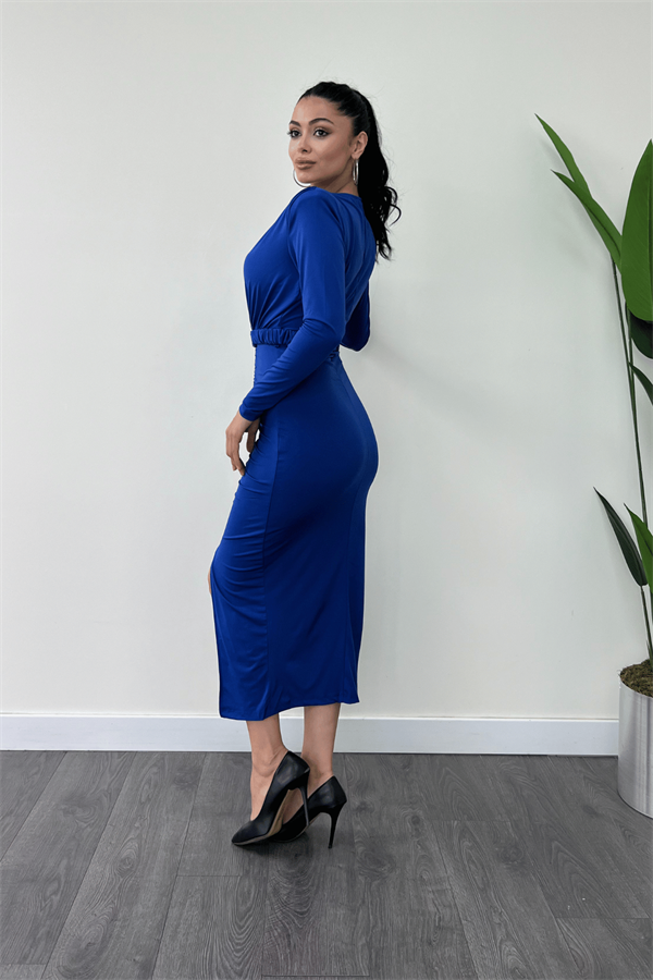 Jarse Kumaş Büzgü Detaylı Kalem Elbise - SAKS MAVİ
