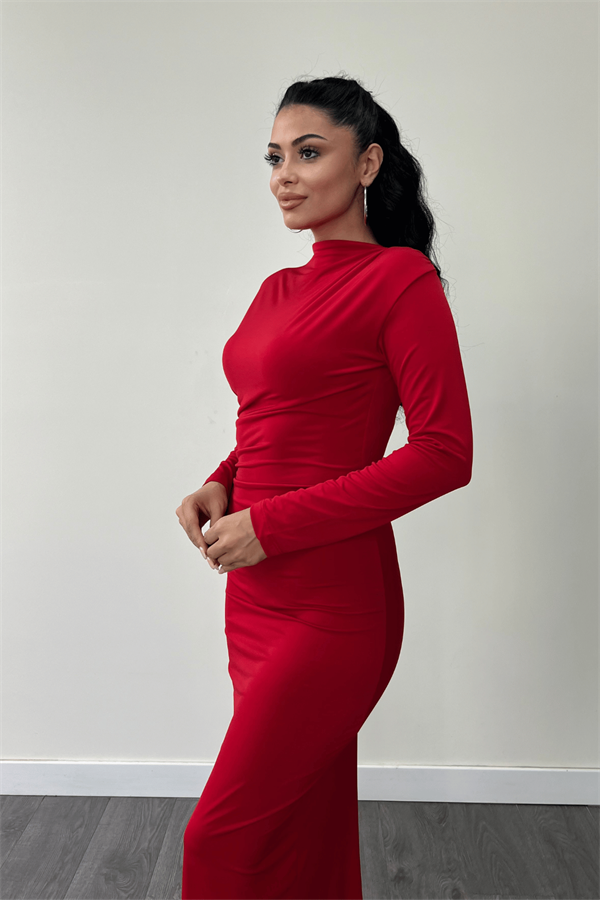 Jarse Kumaş Büzgülü Kalem Elbise - KIRMIZI