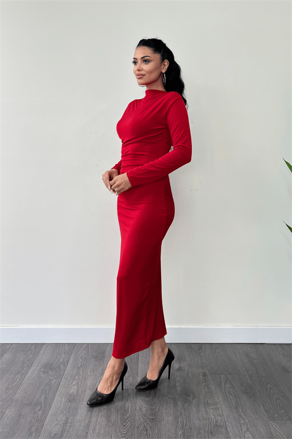 Jarse Kumaş Büzgülü Kalem Elbise - KIRMIZI