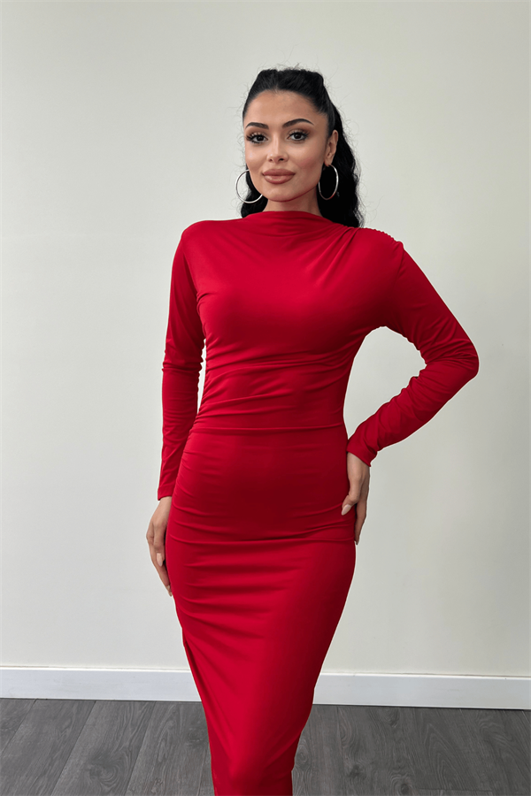 Jarse Kumaş Büzgülü Kalem Elbise - KIRMIZI