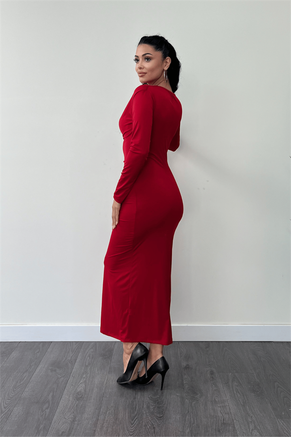 Jarse Kumaş Büzgülü Kalem Elbise - KIRMIZI