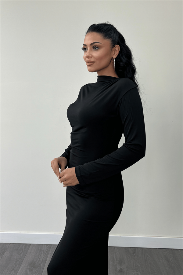 Jarse Kumaş Büzgülü Kalem Elbise - SİYAH