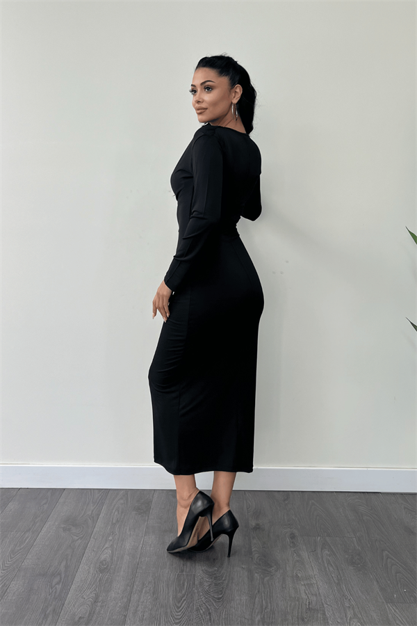 Jarse Kumaş Büzgülü Kalem Elbise - SİYAH