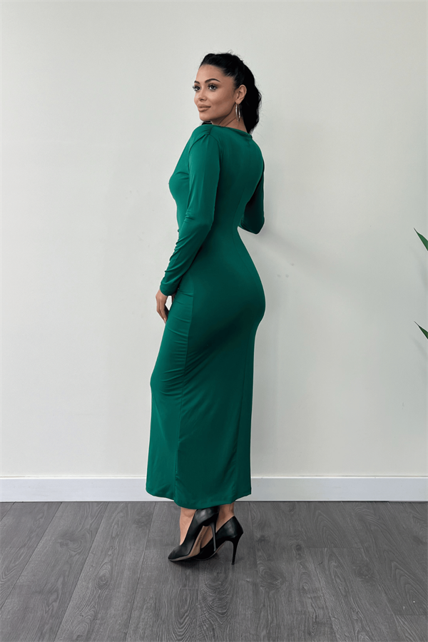 Jarse Kumaş Büzgülü Kalem Elbise - ZÜMRÜT YEŞİL