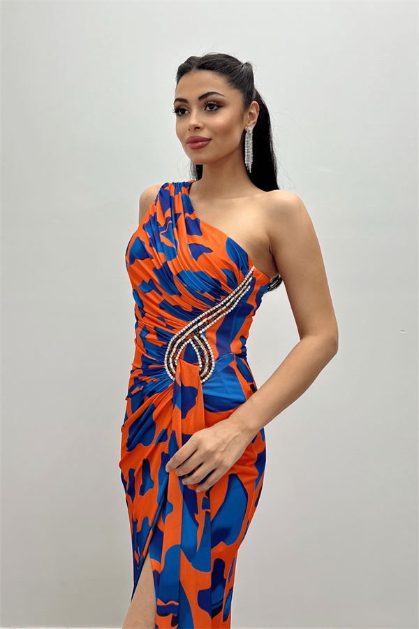 Jarse Kumaş Drapeli Taş Detaylı Balık Elbise - TURUNCU