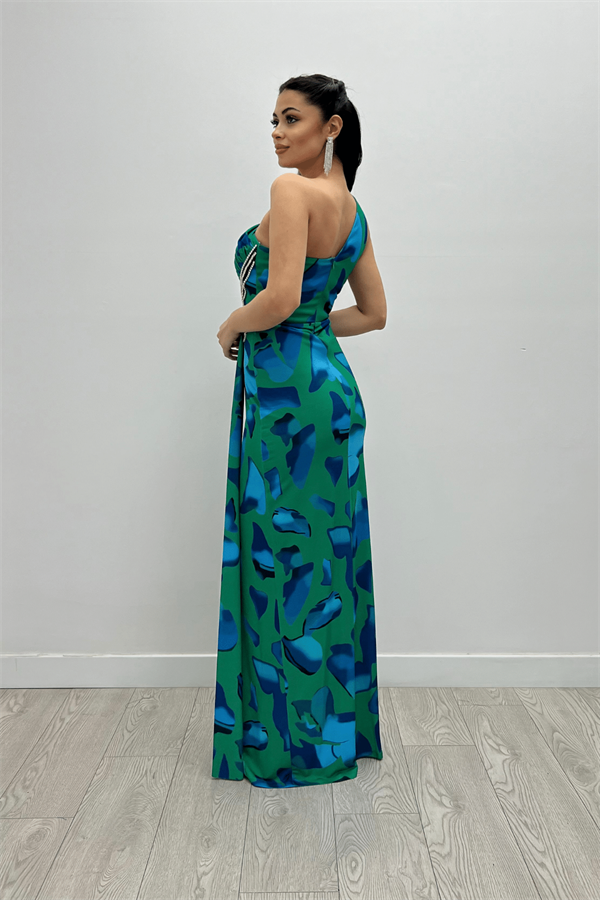 Jarse Kumaş Drapeli Taş Detaylı Balık Elbise - YEŞİL