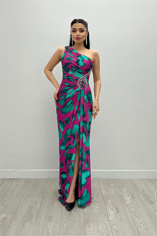 Jarse Kumaş Drapeli Taş Detaylı Balık Elbise - PEMBE