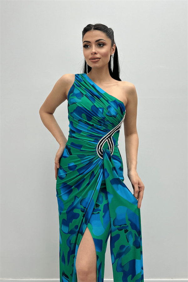 Jarse Kumaş Drapeli Taş Detaylı Balık Elbise - YEŞİL