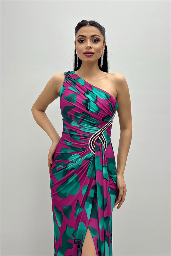 Jarse Kumaş Drapeli Taş Detaylı Balık Elbise - PEMBE