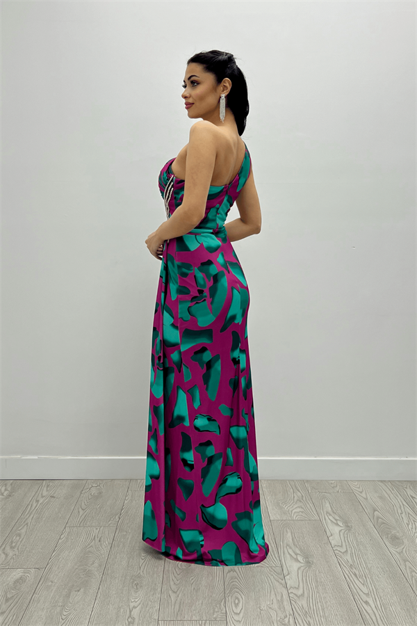 Jarse Kumaş Drapeli Taş Detaylı Balık Elbise - PEMBE