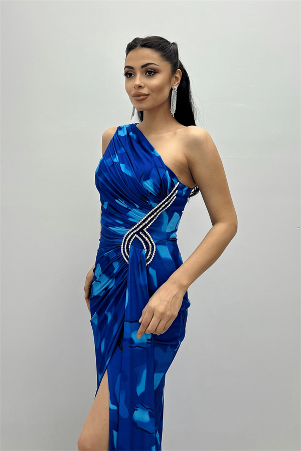 Jarse Kumaş Drapeli Taş Detaylı Balık Elbise - SAKS MAVİ