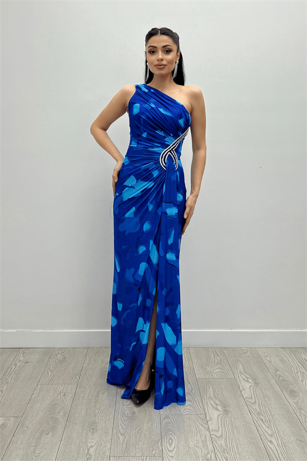 Jarse Kumaş Drapeli Taş Detaylı Balık Elbise - SAKS MAVİ