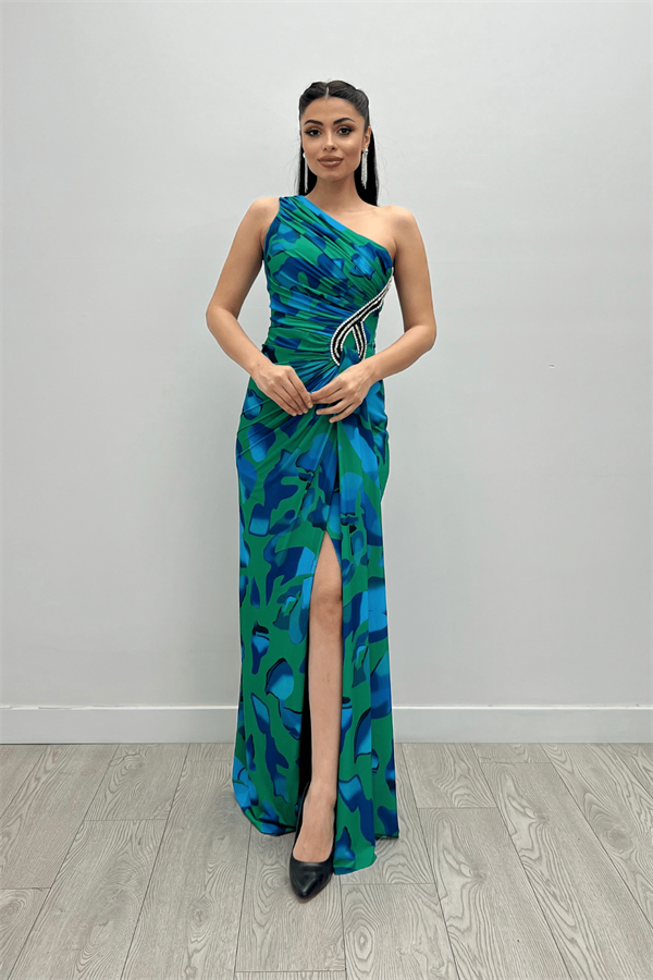 Jarse Kumaş Drapeli Taş Detaylı Balık Elbise - YEŞİL