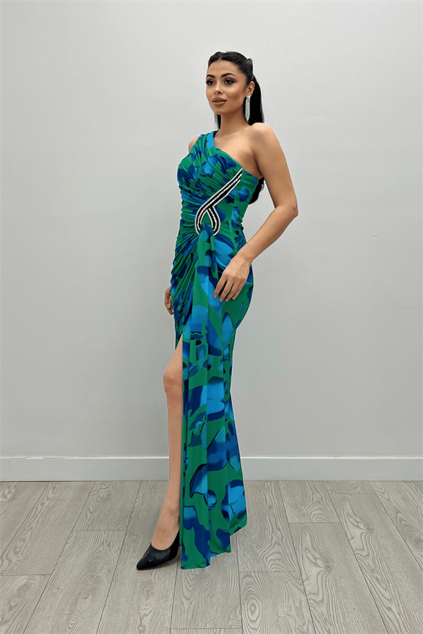 Jarse Kumaş Drapeli Taş Detaylı Balık Elbise - YEŞİL