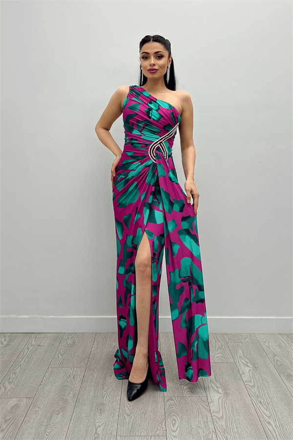 Jarse Kumaş Drapeli Taş Detaylı Balık Elbise - PEMBE