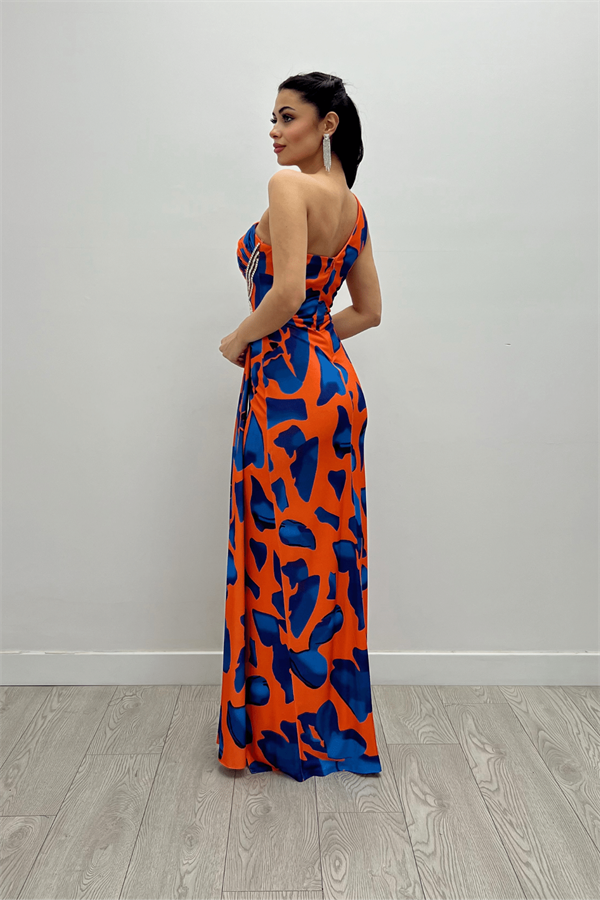 Jarse Kumaş Drapeli Taş Detaylı Balık Elbise - TURUNCU