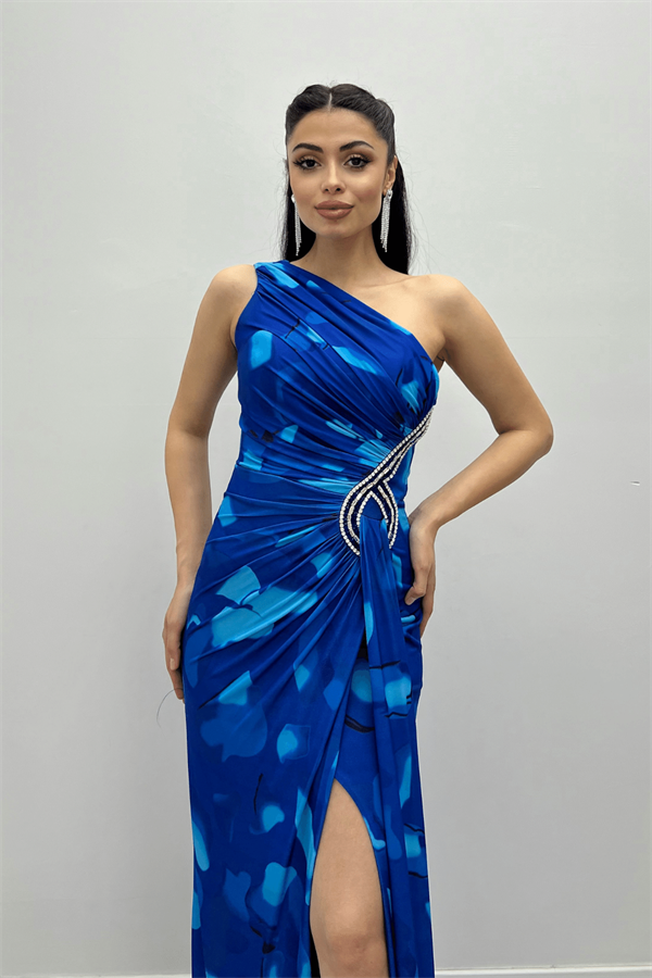 Jarse Kumaş Drapeli Taş Detaylı Balık Elbise - SAKS MAVİ