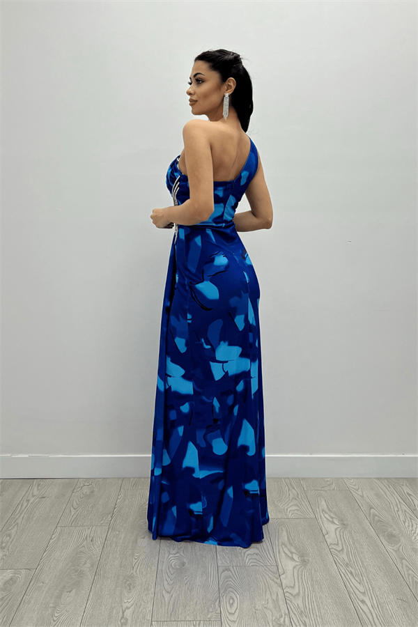 Jarse Kumaş Drapeli Taş Detaylı Balık Elbise - SAKS MAVİ