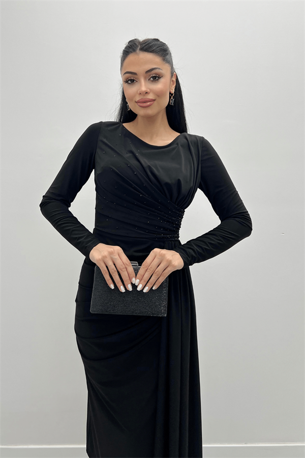 Jarse Kumaş Drapeli Taş Detaylı Elbise - SİYAH