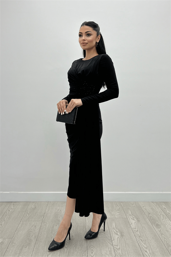 Jarse Kumaş Drapeli Taş Detaylı Elbise - SİYAH