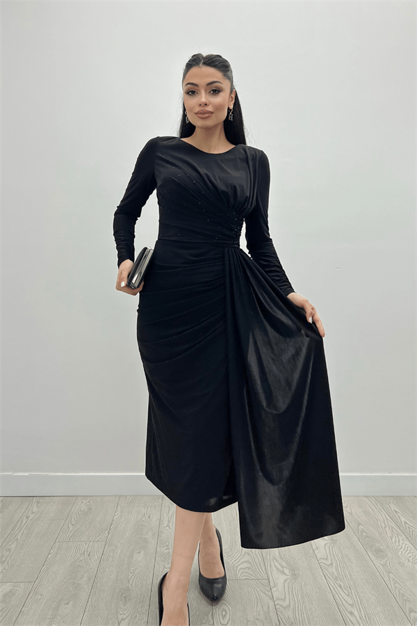 Jarse Kumaş Drapeli Taş Detaylı Elbise - SİYAH